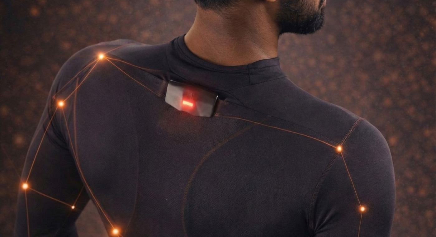 Nowhere compression top with sensors along the shoulders and arms